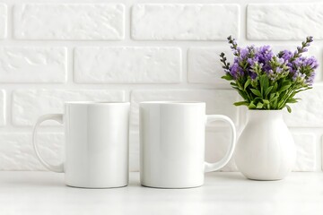 Mug Mockups with Lavender and Brick Background