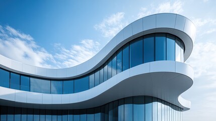 Modern building curve facade, city skyline, blue sky