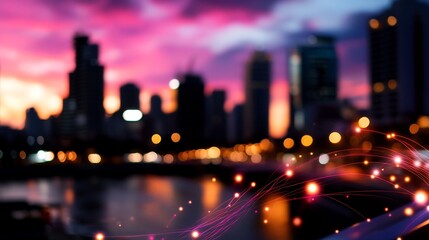 Abstract telecommunication network design over urban skyline with bokeh lights