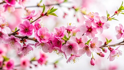 Naklejka premium Urban exploration reveals a close-up of vibrant pink cherry blossoms, their spring bloom showcased against a pure white background.
