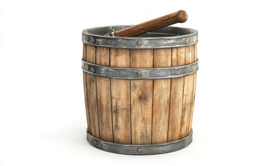 Obraz premium Wooden bucket with a metal rim and handle, placed against a white background, ideal for rustic decor