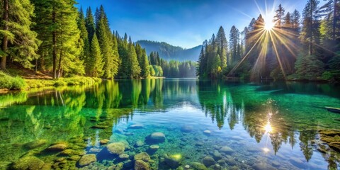 Serene Mountain Lake with Crystal Clear Water and Sunbeams Piercing Through the Trees