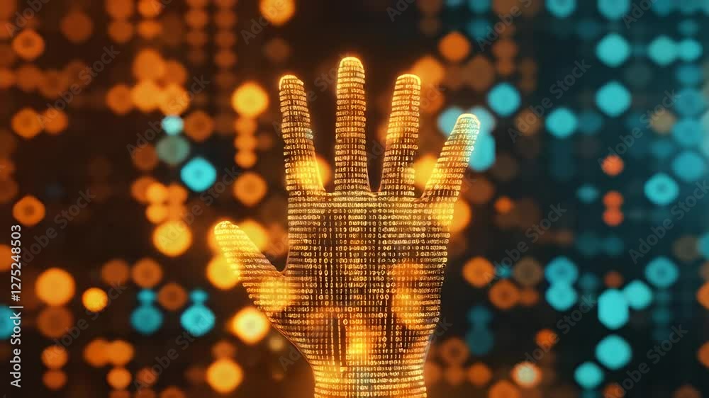 Poster futuristic digital hand composed of glowing data streams reaching out against a bokeh background of 