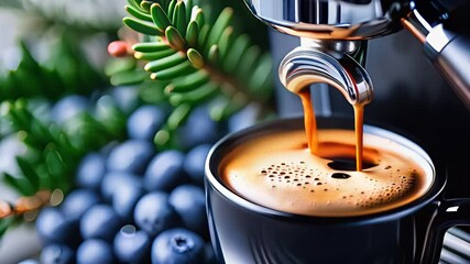 Freshly brewed espresso pours from a coffee machine into a cup, surrounded by ripe coffee cherries and pine sprigs, creating a rich, aromatic scene of specialty coffee and natural ingredients.  

