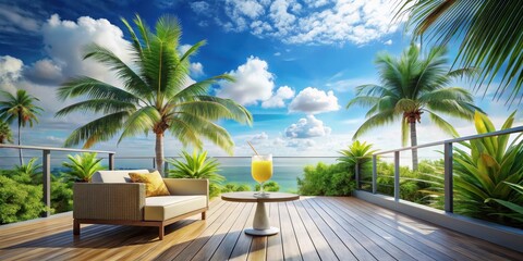 Fototapeta premium Relaxing Tropical Getaway Ocean View Deck with Comfortable Seating and Refreshing Beverage