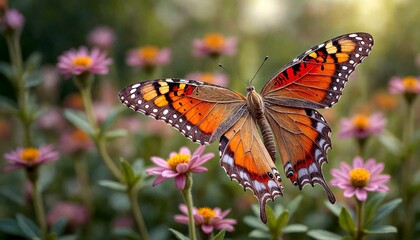 Fototapeta premium Butterfly Resting on Pink Flowers in Nature