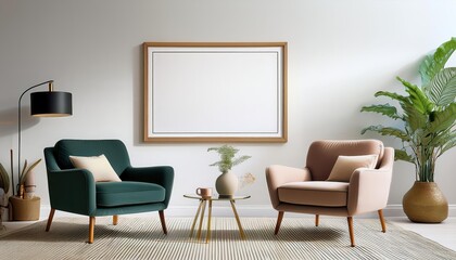 Modern Living Room Mockup Armchairs Poster Frame in a Minimalist Space, Radiating Tranquility and Elegance with Neutral Tones and Textured Details