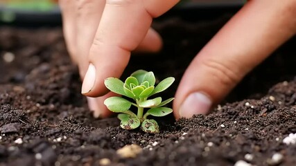 A hand planting a small succulent in soil, promoting gardening and plant care.