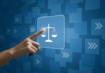 Digital Justice: Hand Touching Scales of Justice Icon on Blue Tech Background - Legal Technology & Online Law Concept