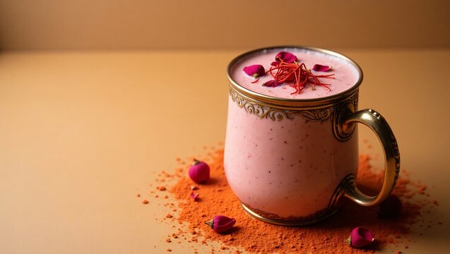 A chilled, creamy Rooh Afza lassi in an ornate brass cup, garnished with rose petals, saffron strands, and cardamom, set against a warm beige background, evoking Old Delhi&rsquo;s vibrant charm.
