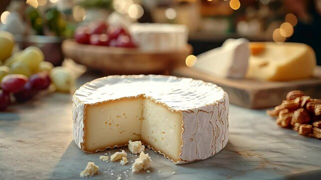 A rich brie cheese cut, inviting an indulgent gourmet experience.