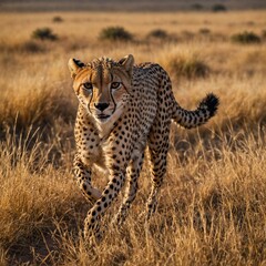 Naklejka premium A cheetah sprinting across the golden grasslands of Africa.
