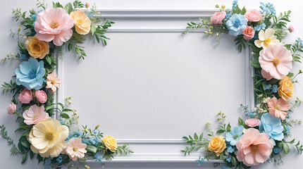 Soft pastel colored flowers arranged around a white tray for product display in a clean elegant photography setting for Copyspace and Text Background