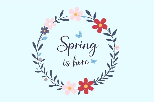 Light blue background flowers butterflies spring is here text