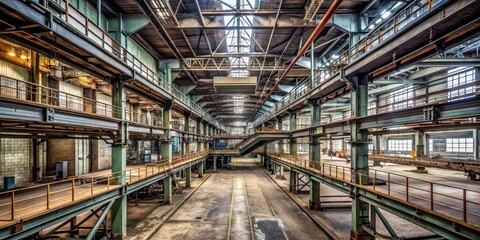 Obraz premium A vast, aged industrial structure, showcasing a complex network of steel beams, elevated walkways, and weathered concrete flooring, hinting at a bygone era of manufacturing
