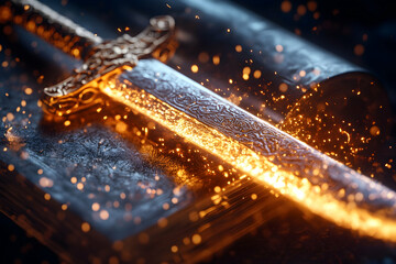 Glowing sword on ancient book, fantasy scene