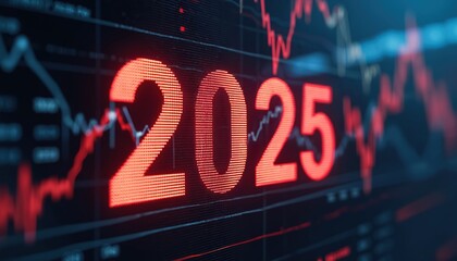 Glowing red 2025 number and falling stock market chart. Finance concept background, business vision, stock market prediction and investment opportunity for next year.