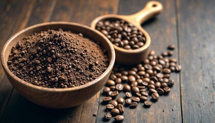 Wooden bowl with ground coffee and scoop of beans