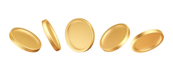 Set of 3d gold coins. Metal money in different angles. Glossy finance elements isolated on white background. Vector illustration. Metallic treasure. Earning, investment, bank deposit icons.