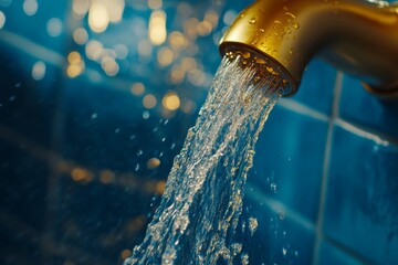 Gold faucet, water flowing, blue tile, bokeh background, bathroom ad