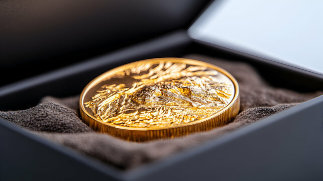 Gold coin with mountain scene in gift box