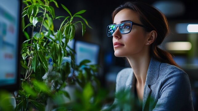 Businesswoman contemplates future technology with augmented reality glasses - Powered by Adobe