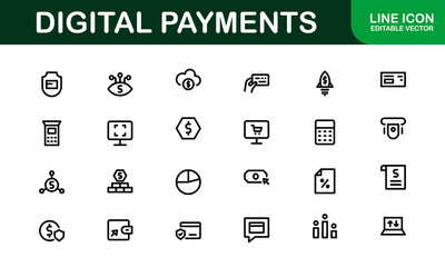 Digital Payments Icons. High-Quality Line and Outline Vector Illustrations for Mobile Wallets, Transactions, Online Payments, and Digital Finance