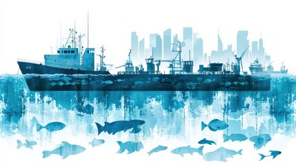 Obraz premium A serene illustration of a fishing vessel navigating through a cityscape with aquatic life below