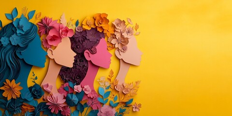 Colorful paper cutout silhouettes of diverse women celebrate individuality and unity, ideal for International Women's Day cards, banners, and events.