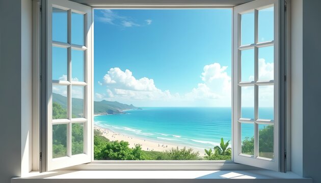 Fototapeta Open window reveals ocean view with coast line. White frame, blue sky, green trees. Summer vacation retreat, holiday panorama, calm sea water and cloudscape.