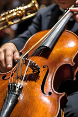 Fototapeta premium Harmony in Action: A cellist meticulously plays his cello during a live performance.