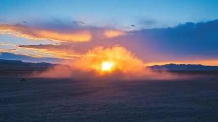Fototapeta premium Vibrant Orange Sunset Over Dusty Desert Landscape with Clouds
