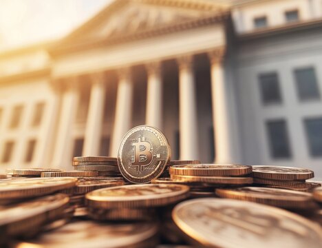 Bitcoin atop coins, bank background, financial future