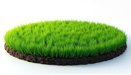 Illustration of grass green circle. Land ground with lush green grass floor, garden earth soil layers isolated on white background. Round lawn section render.