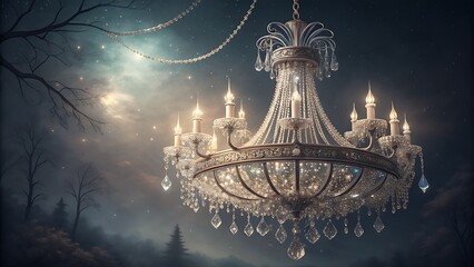 Opulent Chandelier with Crystal Reflections on a Dark, Moody Background breathtaking display of luxury and grandeur, featuring a lavish crystal chandelier suspended in an elegantly dim setting.
