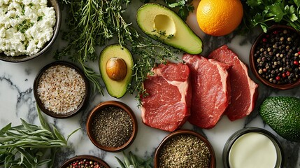 Fresh Ingredients for Cooking with Herbs, Fruits, and Meats