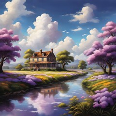 serene countryside home with purple trees by the river