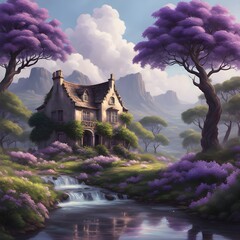 peaceful landscape with a charming house and unique trees