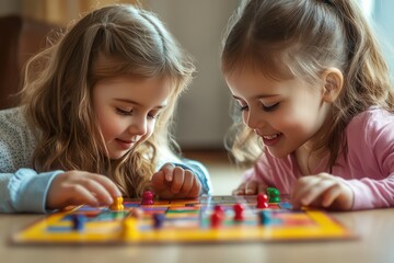 Fototapeta premium A heartwarming scene of two young sisters playing a colorful board game together, their faces filled with concentration and joy as they compete in a friendly way.