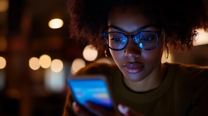 Concentrated young woman engrossed in her smartphone's luminous glow