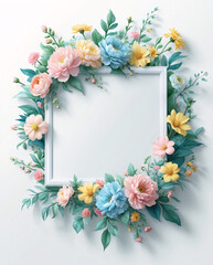 Soft pastel flowers framing a white tray on a clean white background for elegant photography and stylish product display for Copyspace and Text Background