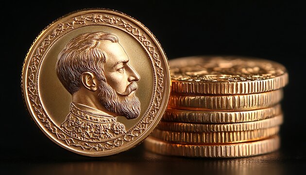 Gold coins, regal portrait, stack, dark background