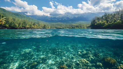 Fototapeta premium a stunning split-level view of a tropical lake, revealing both the vibrant underwater world and the lush landscape above. The crystal-clear water showcases the beauty of nature