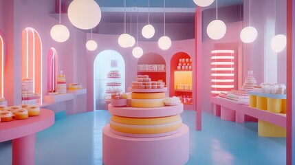 Fototapeta premium Colorful dessert shop interior showcasing vibrant pastries and cakes under soft lighting