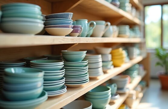 Ceramic tableware store. Generative AI image of various colorful handcrafted plates, bowls on wooden shelves. Diverse artisan dishware selection for local market, home decor.