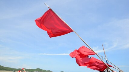 Red warning flags fluttering on a beach  
