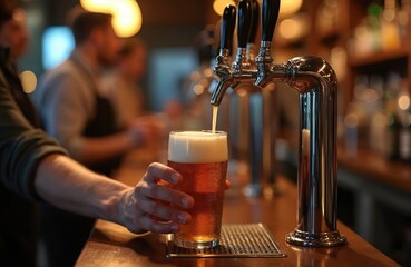 Bartender pours light beer in glass from tap. Refreshing lager drink served in bar. Alcohol beverage pub serving with foam, bubbles on counter. Nightlife scene.