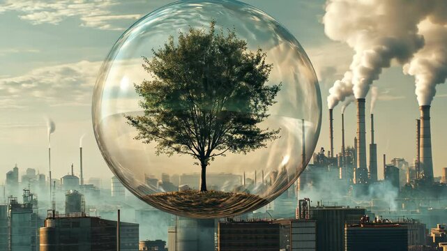 Lone tree encased in a protective bubble amidst industrial pollution, A lone tree encased in a bubble, protected from the polluted industrial cityscape behind it
