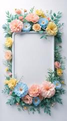 Delicate pastel flowers arranged around a white tray for creating a soft decorative display in modern photography for Copyspace and Text Background