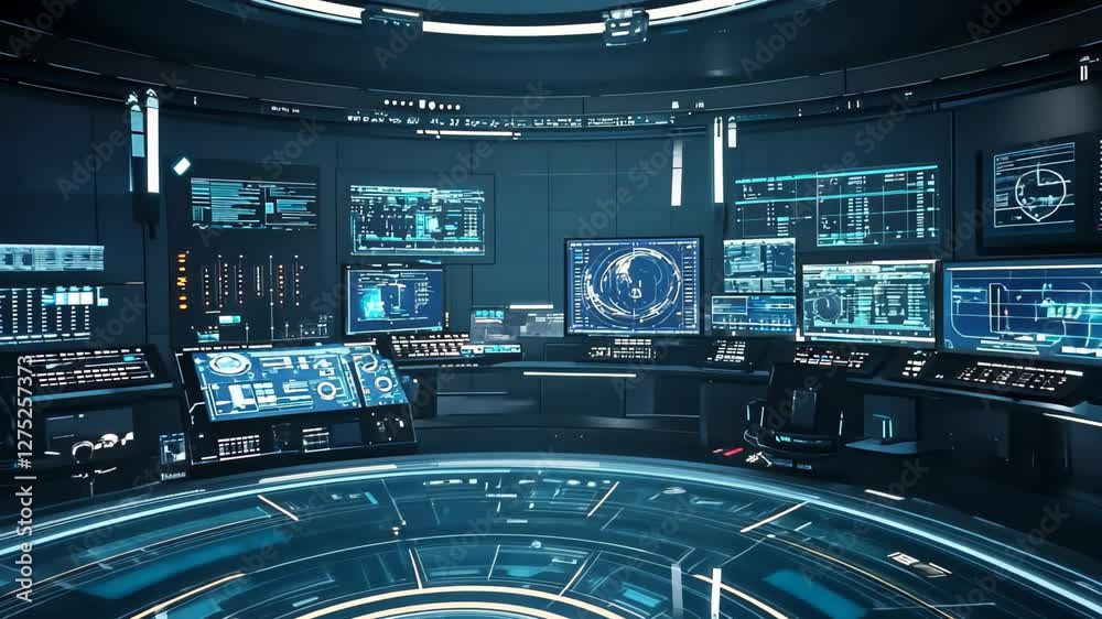 Poster futuristic control room featuring glowing circular display and advanced technology, a futuristic con